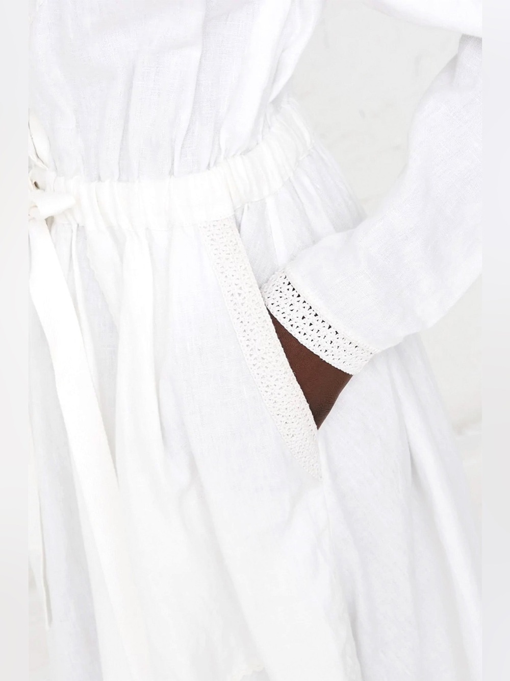 ULLA JOHNSON Fiona Midi Dress Bone White 100% Linen Size 8 Crochet Collar Tie - Picture 3 of 16